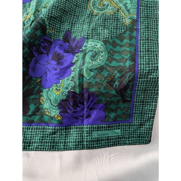 Christian Dior Autumn Green Hues Violet Floral & Paisley 100% Silk Square Scarf - Picture 4 of 8